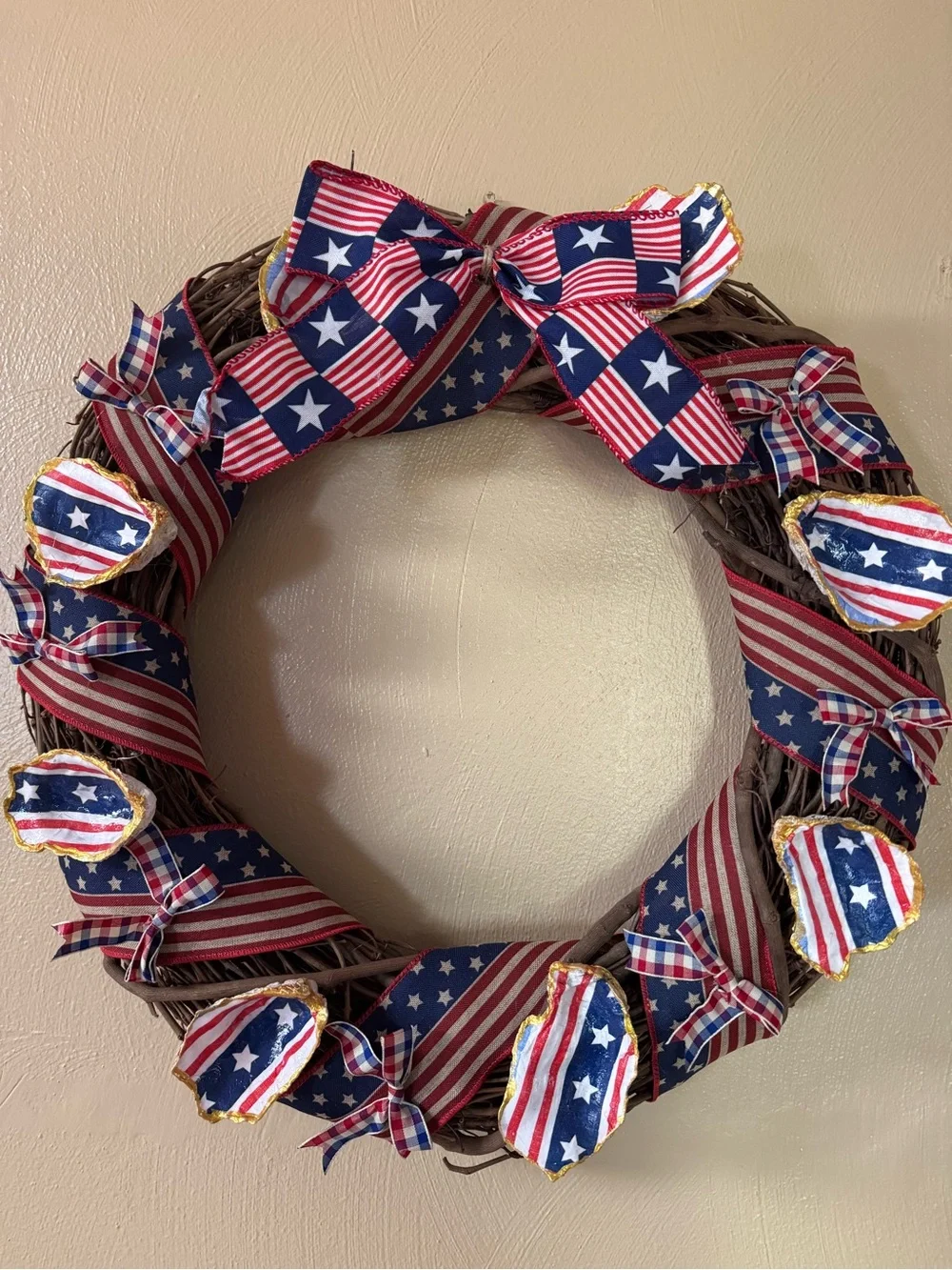 Patriotic Star & Stripe Shell Wreath - Red, White & Blue